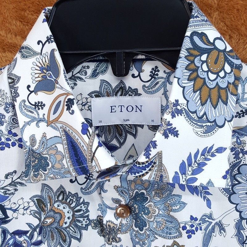 Eton Dress Shirt Mens 15 38 White Blue Tan Floral Paisley Slim Fit $280